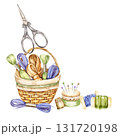 watercolor brown willow basket with threads, yarn, scissors, pincushion, flosses, needle pad, needles, embroidery hoop, handiwork set, hand drawn sketch of accessory, cozy home hobby for shop decor 131720198