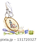 watercolor handiwork tools, hand drawn sketch of embroidery needlework accessory, embroidery frame picture, scissors, flosses, yarn, pins, thimble, pincushion, embroidery frame, cozy home hobby 131720327