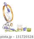 watercolor handiwork tools, hand drawn sketch of embroidery needlework accessory, embroidery frame, hoop, scissors, flosses, yarn, pins, thimble, pincushion, embroidery frame, cozy home hobby 131720328