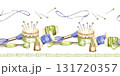 watercolor handiwork tools, hand drawn sketch of embroidery needlework accessory, seamless border, flosses, yarn, thimble, pincushion, cozy home hobby for women blogs, shops decoration 131720357