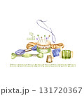 hand drawn sketch of embroidery needlework accessory, watercolor handiwork tools, scissors, flosses, yarn, thimble, pincushion, cozy home hobby, composition for women blogs, shops decoration 131720367
