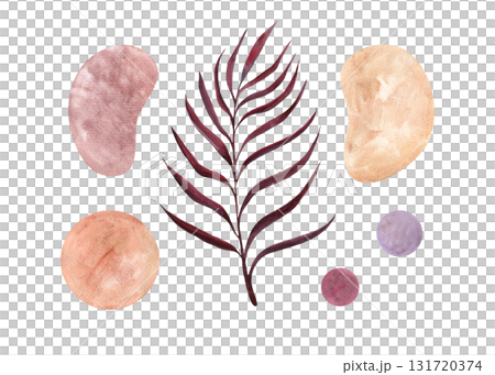 A set of watercolor elements: circles, spots, and a branch in pastel shades with a paper texture for design and decoration. 131720374