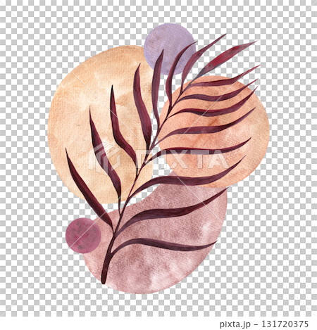 A minimalist watercolor composition with a twig and pastel-colored spots for design and decoration. A minimalist watercolor composition with a twig and pastel-colored spots for design and decoration. 131720375