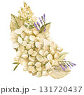 watercolor hydrangea branches with flowers, leaves and twigs, garden flowers in vintage style, pastel colors blossom flowers heard, bud for greeting card, anniversary, wedding decoration 131720437