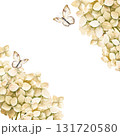 beige frame with watercolor hydrangea branches with flowers, butterfly, garden flowers in vintage style, pastel colors blossom flowers heard, bud for greeting card, anniversary, wedding decoration 131720580