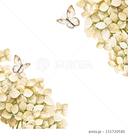 beige frame with watercolor hydrangea branches with flowers, butterfly, garden flowers in vintage style, pastel colors blossom flowers heard, bud for greeting card, anniversary, wedding decoration beige frame with watercolor hydrangea branches with flowers, butterfly, garden flowers in vintage style, pastel colors blossom flowers heard, bud for greeting card, anniversary, wedding decoration 131720580