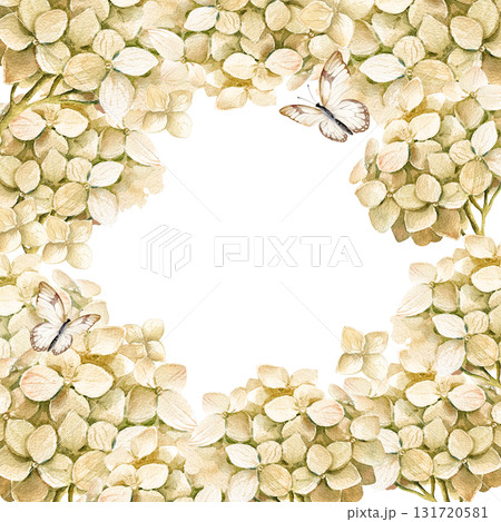 beige frame with watercolor hydrangea branches with flowers, butterfly, garden flowers in vintage style, pastel colors blossom flowers heard, bud for greeting card, anniversary, wedding decoration 131720581