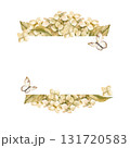 beige horizontal frame with watercolor hydrangea branches with flowers, butterfly, garden flowers in vintage style, pastel colors blossom flowers heard, bud for greeting card, wedding decoration 131720583