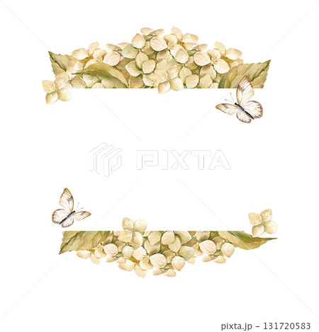 beige horizontal frame with watercolor hydrangea branches with flowers, butterfly, garden flowers in vintage style, pastel colors blossom flowers heard, bud for greeting card, wedding decoration beige horizontal frame with watercolor hydrangea branches with flowers, butterfly, garden flowers in vintage style, pastel colors blossom flowers heard, bud for greeting card, wedding decoration 131720583