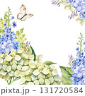 watercolor green hydrangea branches with flowers, leaves and twigs, blue delphinium, butterfly, garden flowers, pastel colors blossom flowers heard, bud for greeting card, wedding decoration 131720584