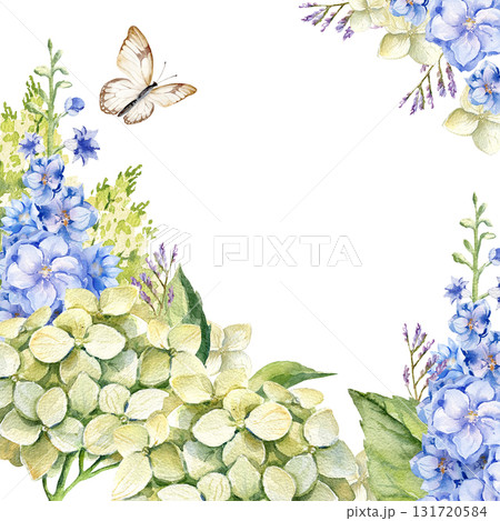 watercolor green hydrangea branches with flowers, leaves and twigs, blue delphinium, butterfly, garden flowers, pastel colors blossom flowers heard, bud for greeting card, wedding decoration 131720584