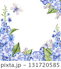 watercolor blue delphinium branches with flowers, leaves and buds, cute butterfly, garden flowers, pastel colors blossom flowers heard for greeting card, wedding decoration 131720585