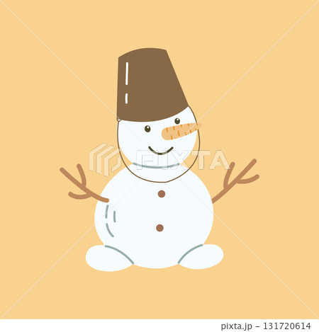 Cute Hand Drawn Snowman With Bucket Hat And Carrot Nose On Beige Background Cute Hand Drawn Snowman With Bucket Hat And Carrot Nose On Beige Background 131720614