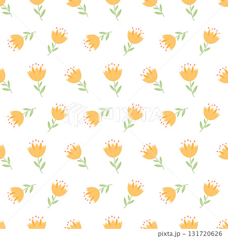 Seamless Yellow Floral Pattern with Green Leaves on White Background 131720626
