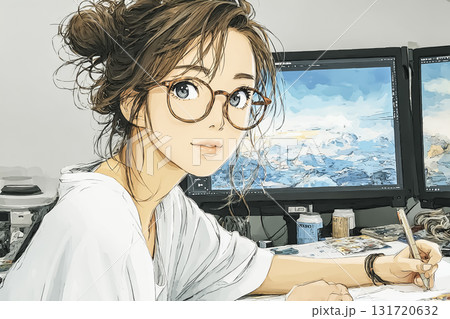 美優シリーズ：若い女性デザイナーがAIを使って広告用画像を制作するシーン 131720632