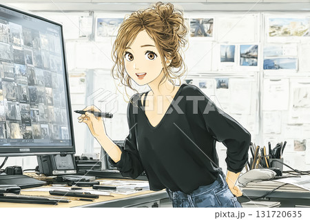 美優シリーズ：若い女性デザイナーがAIを使って広告用画像を制作するシーン 131720635