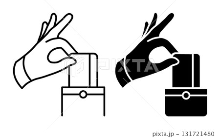 Linear icon. Pickpocket hand deftly and quietly removes a credit card from victim pocket. Simple black and white vector isolated on white background 131721480