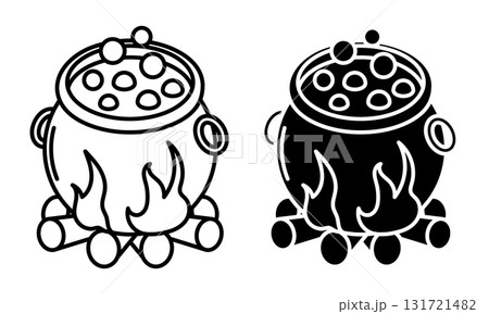 Linear icon. Witch cauldron with a boiling potion is being cooked over a burning fire. Simple black and white vector isolated on white background 131721482