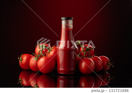 Bottle of ketchup or tomato sauce with fresh tomatoes. Bottle of ketchup or tomato sauce with fresh tomatoes. 131721886