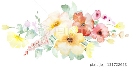Bouquet with Watercolor pink and yellow flowers and leaves, pastel wedding isolated illustration 131722638