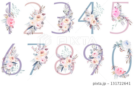 Numbers with Watercolor pastel tender flowers and leaves, Baby shower isolated illustration 131722641