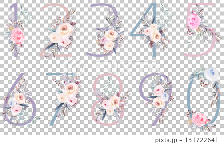 Numbers with Watercolor pastel tender flowers and leaves, Baby shower isolated illustration 131722641