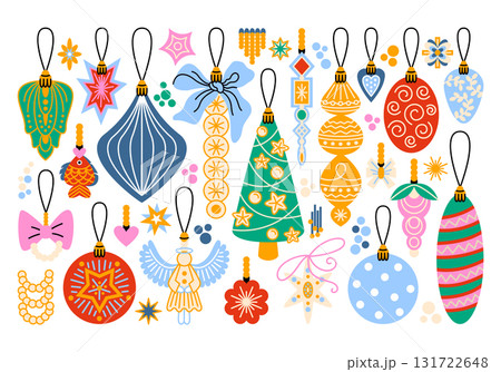 Cute Christmas tree decorations in retro cartoon style. Holiday baubles and ornaments, glass balls, stars, fish, bows, decorative figures and Christmas trees. Seasonal winter holiday flat illustration 131722648