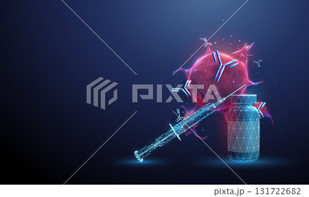 Red tumor with a medicine bottle, syringe, flying antibodies around. Cancer treatment, targeted therapy, immunotherapy, medical research, oncology study concept. Red tumor with a medicine bottle, syringe, flying antibodies around. Cancer treatment, targeted therapy, immunotherapy, medical research, oncology study concept. 131722682