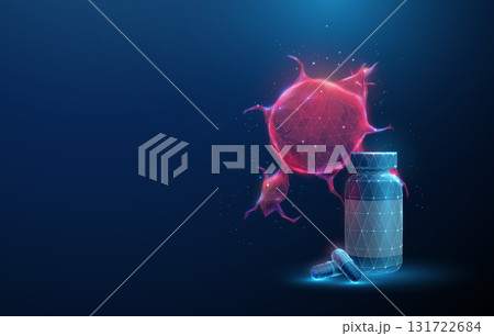 Red tumor with medicine bottle and capsules. Cancer treatment, chemotherapy, targeted therapy, hormonal therapy, oral medication, immunotherapy, oncology research concept. 131722684