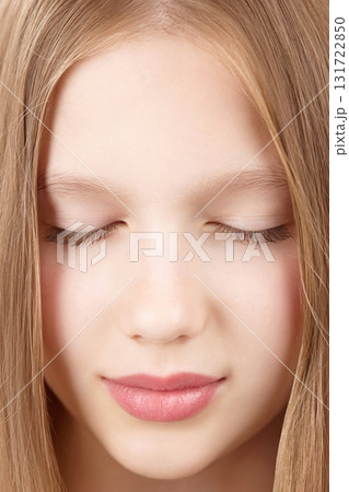 Close-up portrait of a calm teenage girl with closed eyes, smooth skin and natural beauty. Concept of gentle skincare, mindfulness, wellness, kids cosmetics and emotional balance. Self care Gen Alpha 131722850