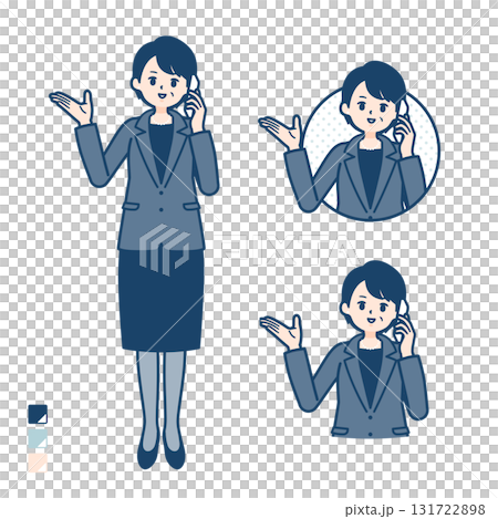 Illustration of a middle-aged business woman talking on a smartphone 131722898