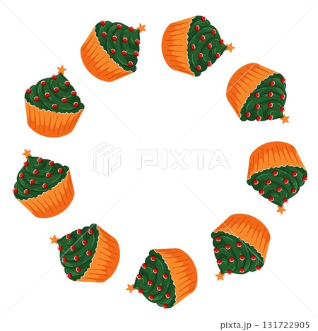 Festive wreath made of Christmas cupcake decorated with green frosting red berries and golden star arranged in a circular pattern. Design for holiday sweetness and joy in cartoon style. Festive wreath made of Christmas cupcake decorated with green frosting red berries and golden star arranged in a circular pattern. Design for holiday sweetness and joy in cartoon style. 131722905