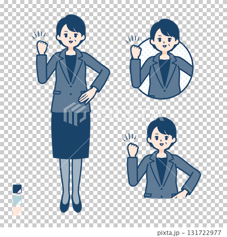 Illustration of a middle-aged business woman doing a fist pump 131722977