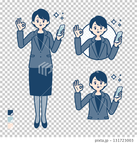 ビジネスミドル女性がスマートフォンを持ちOKサインをしているイラスト ビジネスミドル女性がスマートフォンを持ちOKサインをしているイラスト 131723003