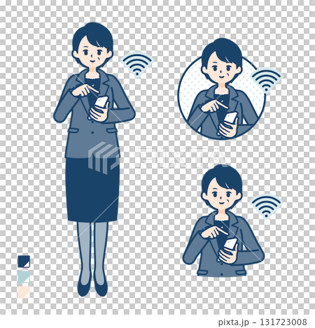 Illustration of a middle-aged business woman operating a smartphone 131723008
