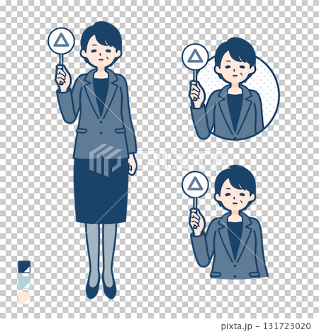ビジネスミドル女性が三角印パネルを出すイラスト 131723020