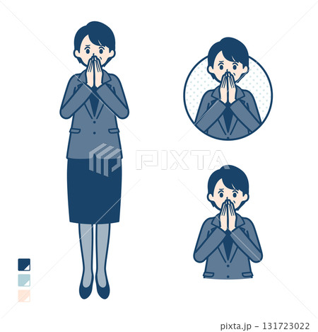 ビジネスミドル女性が驚き不安な様子になっているイラスト 131723022