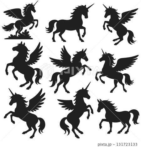 SEO Title: Unicorn and Pegasus Silhouette Collection Vector. Mythical Fantasy Horse Set. 131723133
