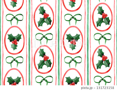 Retro Christmas seamless pattern. Watercolor illustration, striped print. 131723158