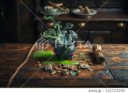 Halloween cauldron with green magic potion and steam 131723240