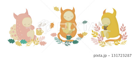 Set with drawings of cartoon characters, cute monsters at a cozy picnic Set with drawings of cartoon characters, cute monsters at a cozy picnic 131723287