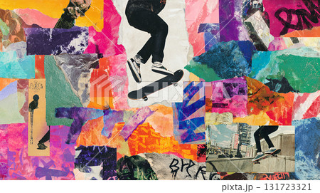 Vibrant retro collage of skateboarding action showcasing tricks and urban art in a lively city environment 131723321