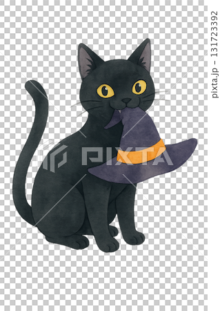 一隻黑貓拿著女巫的帽子的插圖 一隻黑貓拿著女巫的帽子的插圖 131723392