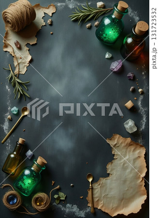 Alchemy bottles with crystals herbs parchment and candle light 131723532