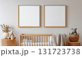 Blank frame for wall art mockup in a modern newborn baby room with wooden elements, featuring neutral colors and Scandinavian design style 131723738