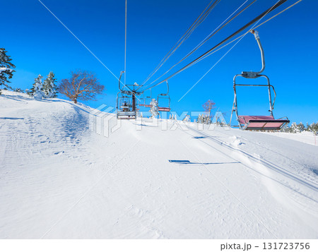 スキーリフトから見下ろす新雪の斜面 (群馬県、渋峠) 131723756