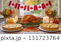 Traditional Canadian Thanksgiving celebration featuring a roasted turkey, dessert pies, and festive autumn decorations 131723764