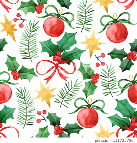 Christmas seamless pattern in vintage style. Watercolor illustration with Christmas plants and toys. 131723780