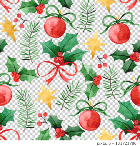 Christmas seamless pattern in vintage style. Watercolor illustration with Christmas plants and toys. 131723780