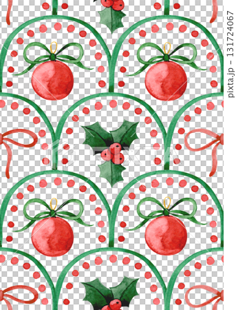 Christmas watercolor seamless pattern in retro style. Geometric scale tiles. 131724067